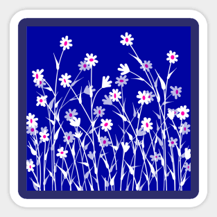 Weiße Blumen auf Blau. Weiß, rosa, blau. Sticker